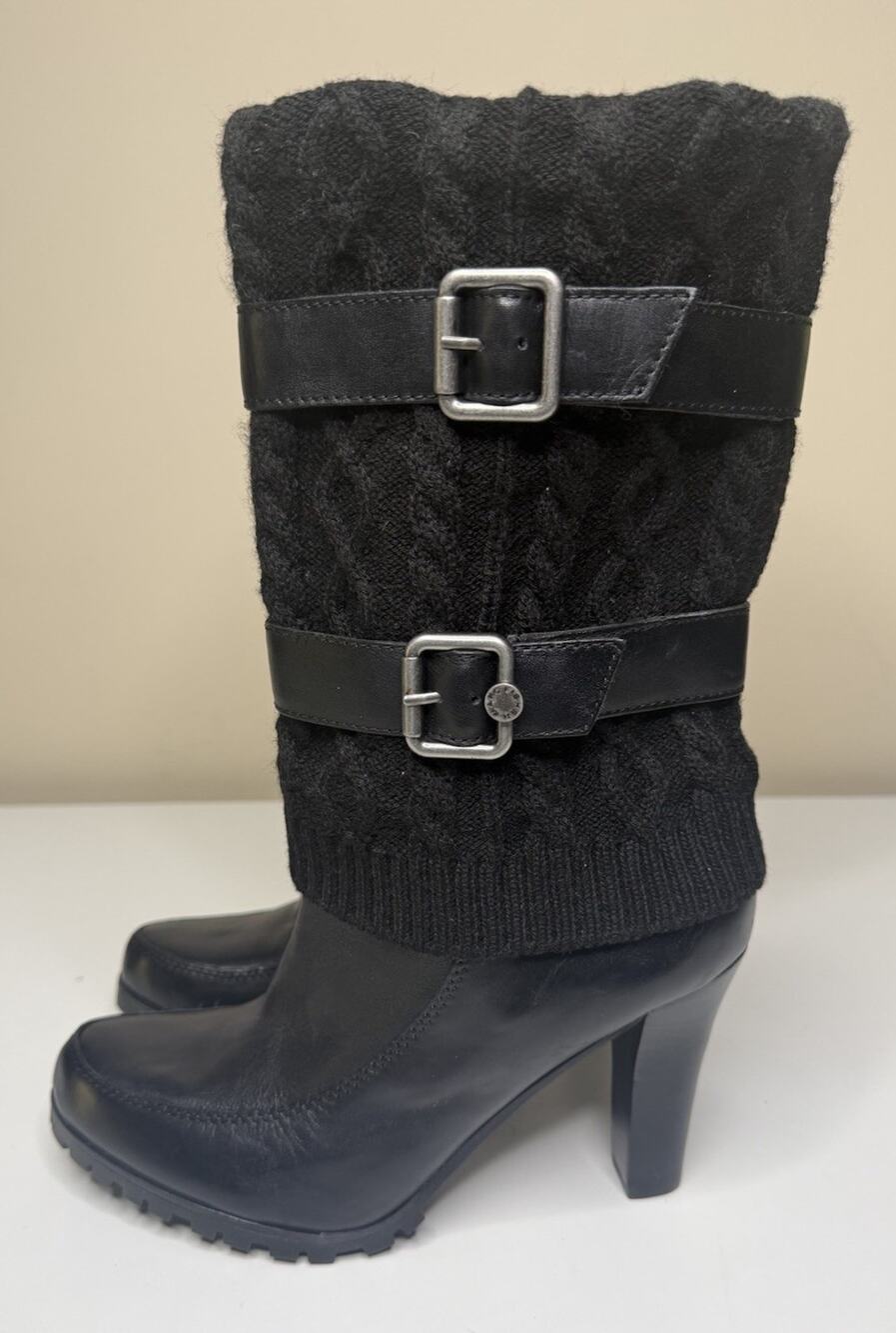 Marc Fisher Sweater Boot Womens 9 Black Leather MFFABRIC Knit Heeled Pull On